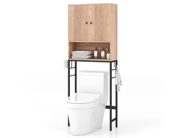 COSTWAY Meuble WC au-Dessus des Toilettes avec 2 Portes Etagère Réglable Barre Inférieure Réglable 2 Crochets Latéraux Naturel