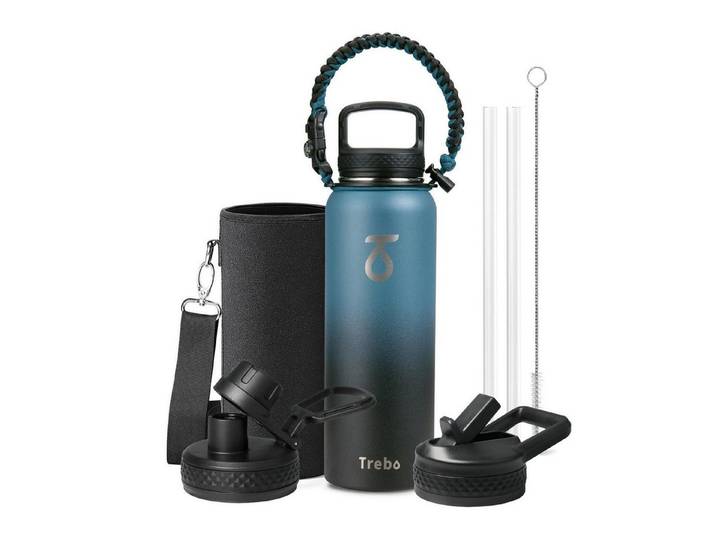 LuxusKollektion Isolierflasche Trinkflasche Edelstahl 1.2L Isoliert Paracord 3 Deckel