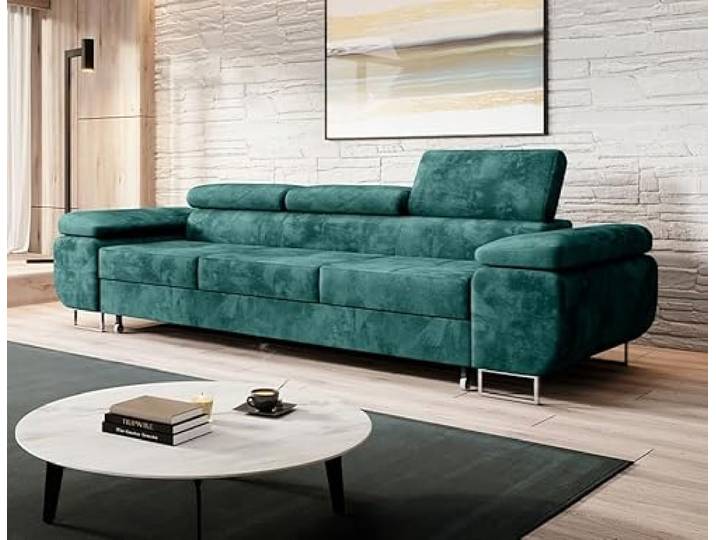 Easy4You Schlafsofa Norberg - 279 cm - Velour Flaschengrün - 3 Sitzer Sofa - Werstellbare Kopfstützen - Couch mit Schlaffunktion - Stoff: Monolith M-37
