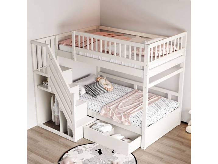 Lit superposé enfant - SOGEU - Design Cabane - 90x200 cm - Pin massif - Toboggan & rangements