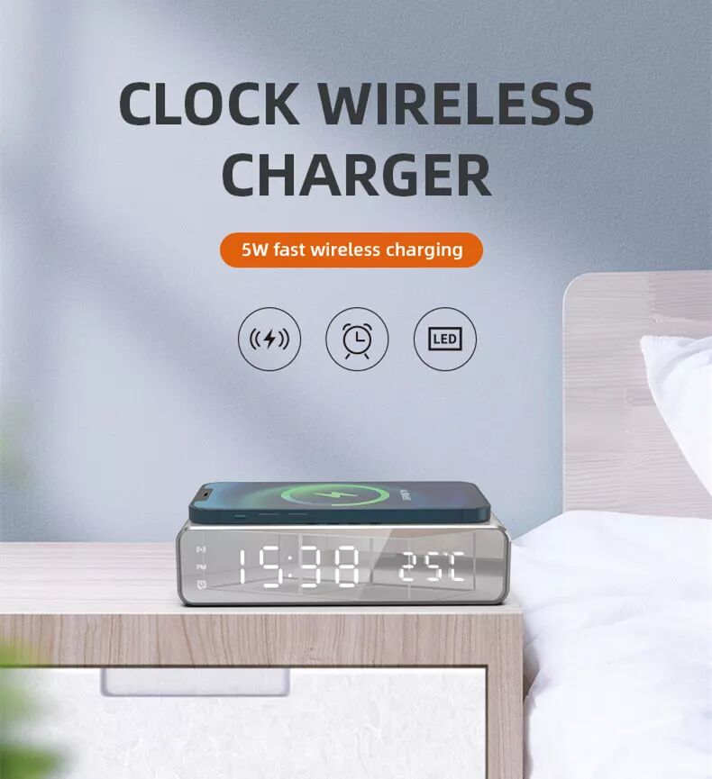 INF Digitaler LED-Wecker mit kabellosem Ladegerät und Thermometer Silber
