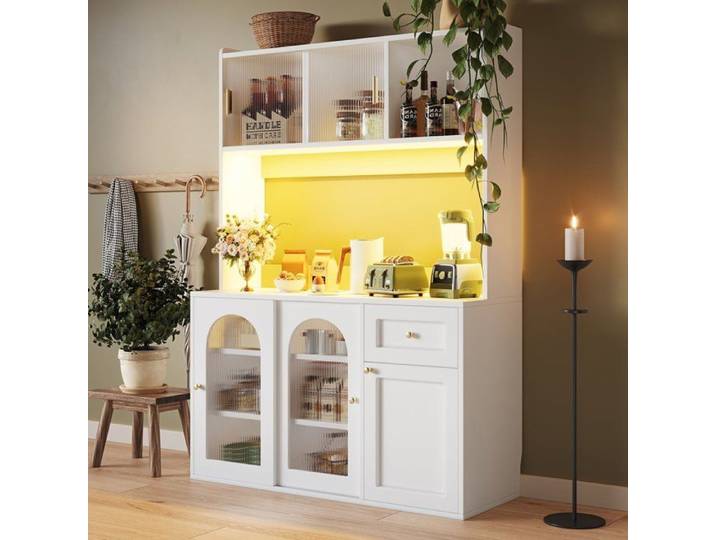 Armoire de cuisine avec LED avec étagères réglables blanche FloraGrace