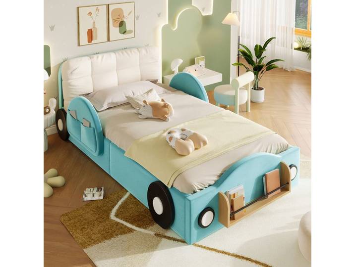 Lit coffre enfant - ZEVKOR - Simple 90×200 cm - Velours bleu - Coffre hydraulique - Sommier à lattes