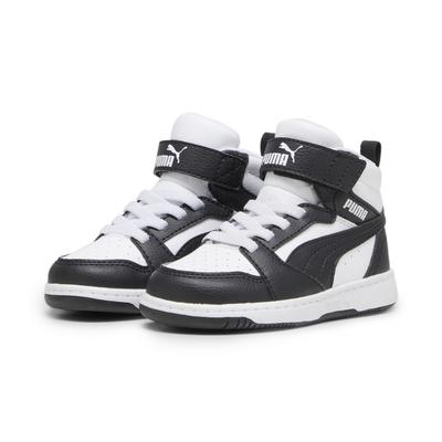 Sneaker PUMA "PUMA Rebound V6 Mid Sneakers Kinder", Kinder, Gr. 27, schwarz-weiß (weiß schwarz shadow gray), Obermaterial: Textil, Synthetik. Futter: Textil. Innensohle: Textil. Laufsohle: Gummi, Schuhe Sneaker