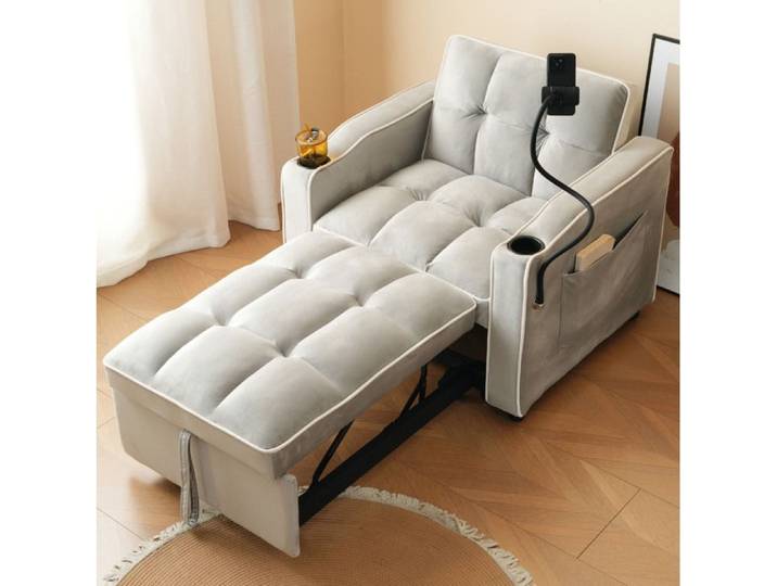 ROVRYN Fauteuil convertible 1 place 3 en 1 dossier réglable 2 porte-gobelets support téléphone gris