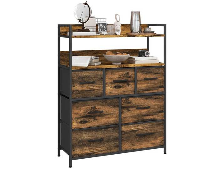 FSX Commode à 7 tiroirs amovibles avec 2 étagères industrielle en bois et acier 79x29x101 cm marron et noir