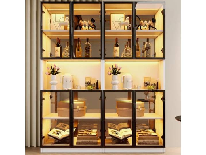 BTM Vitrinenschrank 2er-Set mit LED Spiegelrückwand, für Wohnzimmer, Küche