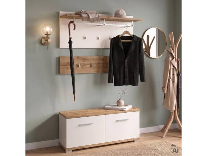 CARO-Möbel Garderobenset BILBAO 3-teilig, Wotan Eiche/Weiß, ideal für Flur und Eingangsbereich, mit 9 Haken, Kleiderstange, Hutablage und Schuhbank
