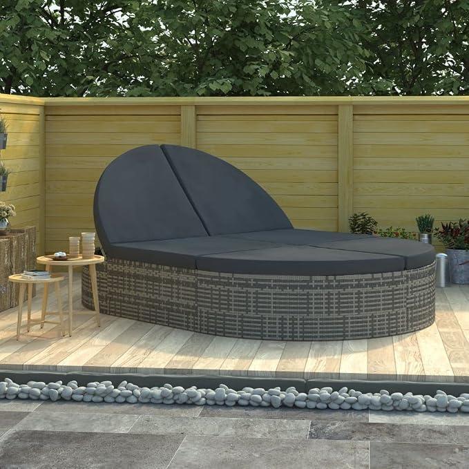 Doppel-Sonnenliege mit Kissen aus Poly Rattan in Grau für Garten Terrasse Balkon Pool outdoor Lounge Möbel klappbar verstellbar wetterfest