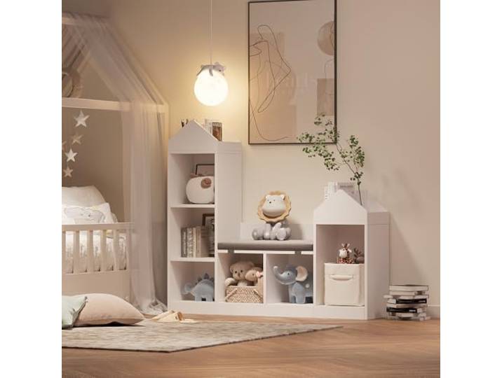 Niwugady Kinderregal, Bücherregal Kinder aus Holz mit Kissen und 6 Ablagefächern, Spielzeugregal Aufbewahrung für Kinderzimmer, Spielzimmer, Kindergärten, 122 x 30 x 108 cm, Weiß