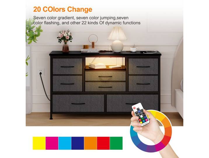 Commode 8 Tiroirs avec Prises & LED RGB pour TV 55  Meuble TV/Buffet d'Entrée 120cm Gris Industriel