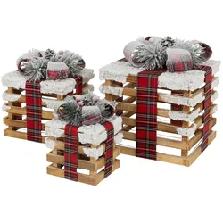ECD Germany 3er Set LED-Geschenkboxen Braun, Holz geschneit, batteriebetrieben mit Timer, Weihnachtsdeko Leuchtboxen, Beleuchtete Weihnachtsgeschenke