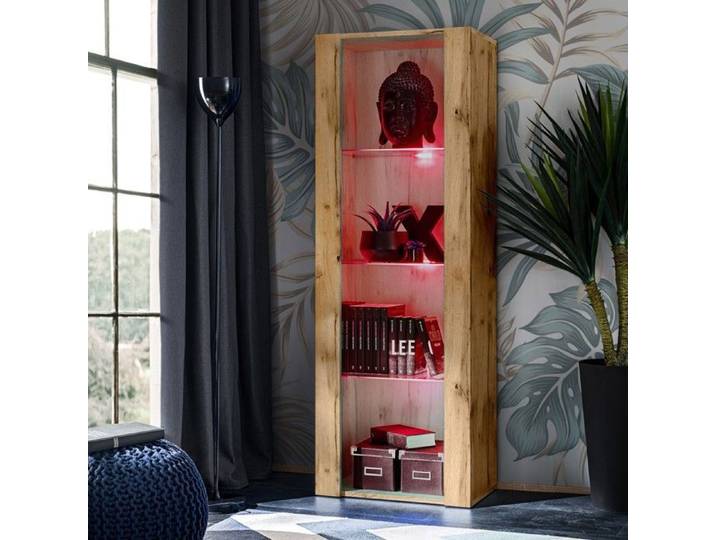 Vitrine Armoire Komodee TIVOLI - LED RVB - Bois naturel - 55 x 159 x 35 cm