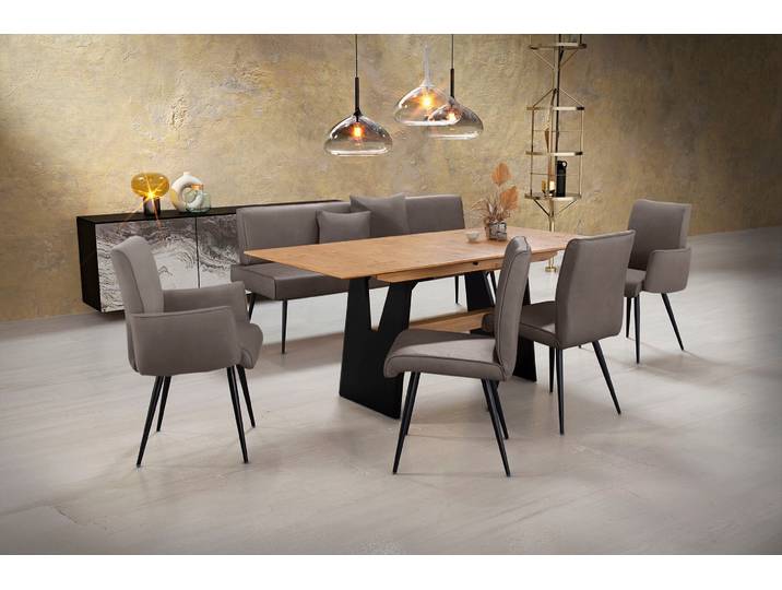 Essgruppe, Leder CLOUD, Braun, 180×90 cm, Ausziehbar, 2 Stühle & 2 Armlehnenstühle, K+W-Polstermöbel