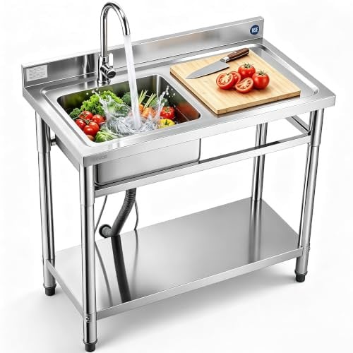 VEVOR Roestvrijstalen commerciële spoelbak met enkele kom en kraan, rechter uitgaande warm en koud water, B/D/H: 100 x 50 x 94 cm