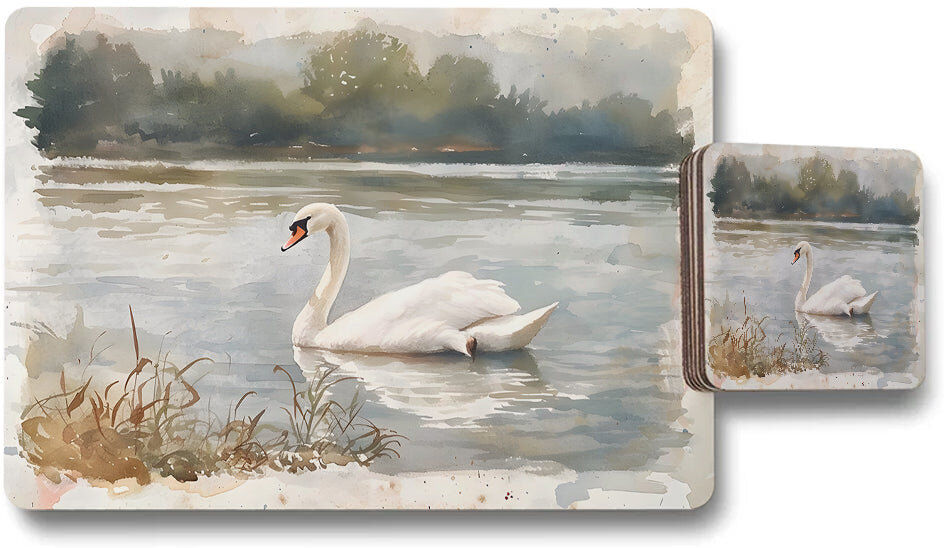 East Urban Home Swan Lake Watercolor Placemat And Coaster Set For Dining Blue 24cm W X 24cm L