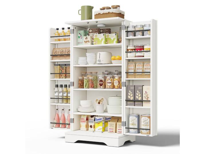 Redom Hochschrank aus MDF mit 3D-Wellentüren, LED-Sensorlicht und verstellbarem Einlegeboden, 120/60/40 cm, Weiß, Rechteckig, 60x120x40 cm, Esszimmer, Anrichten, Buffetschränke