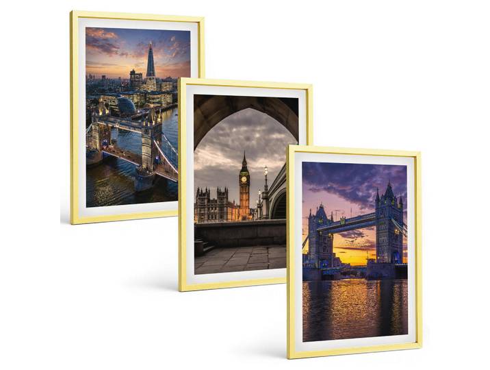 Tulup Bilder SET 3er Set - 40x60 cm Goldrahmen - Stadtbrücken, Uhrtürme, Goldfarben, Kunststoff, Rechteckig, 40x60 cm, Fotografie, Bilder & Rahmen, Bilder