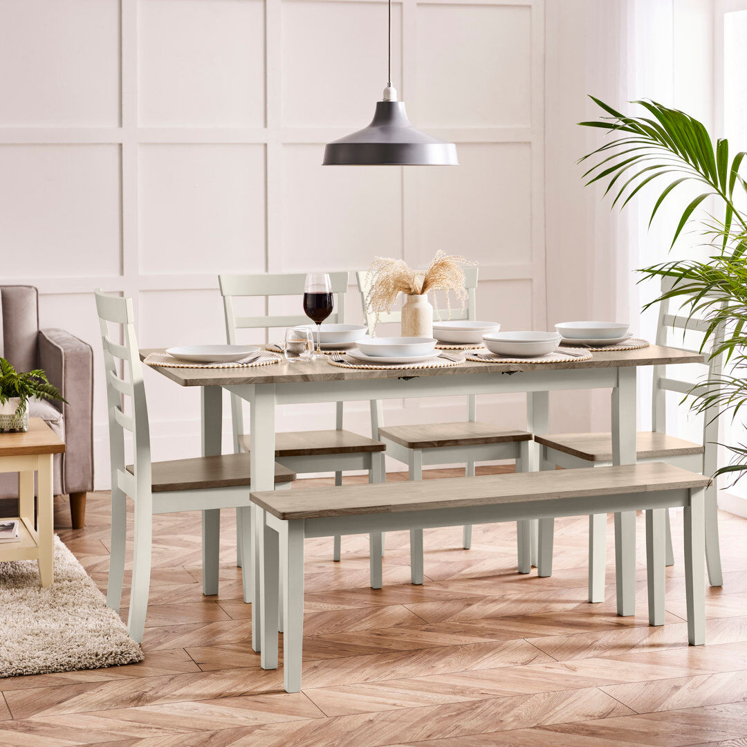 Ebern Designs Alissah Rubberwood Extending Dining Table Set White/Gray 6