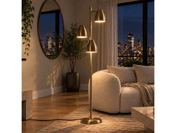 Lampadaire 3 spots orientables en métal effet laiton doré