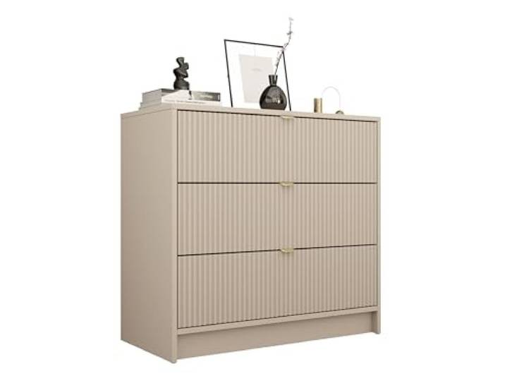 Mirjan24 Kommode Tireno 3SZ mit 3 Schubladen (Sandbeige) Schubladenkommode mit geriffelten Fronten und goldfarbenen Griffen für Kleidung und Accessoires, B/H/T: 80/75/40 cm