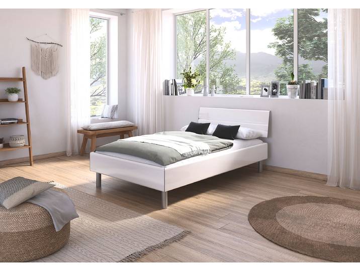 Bettgestell Mavi 120 x 200cm Spanplatte, lackiert Weiß/Hochglanz Weiß