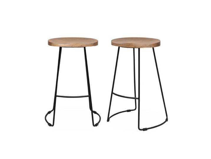 sweeek - Tabouret de bar bois de manguier et acier 65cm avec repose pieds (lot de 2) JAYA