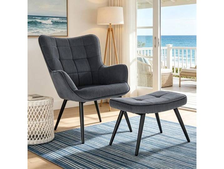 Ensemble fauteuil lounge et tabouret élégant pour salon et TV siège confortable couleur gris foncé dimensions 50x49x97cm