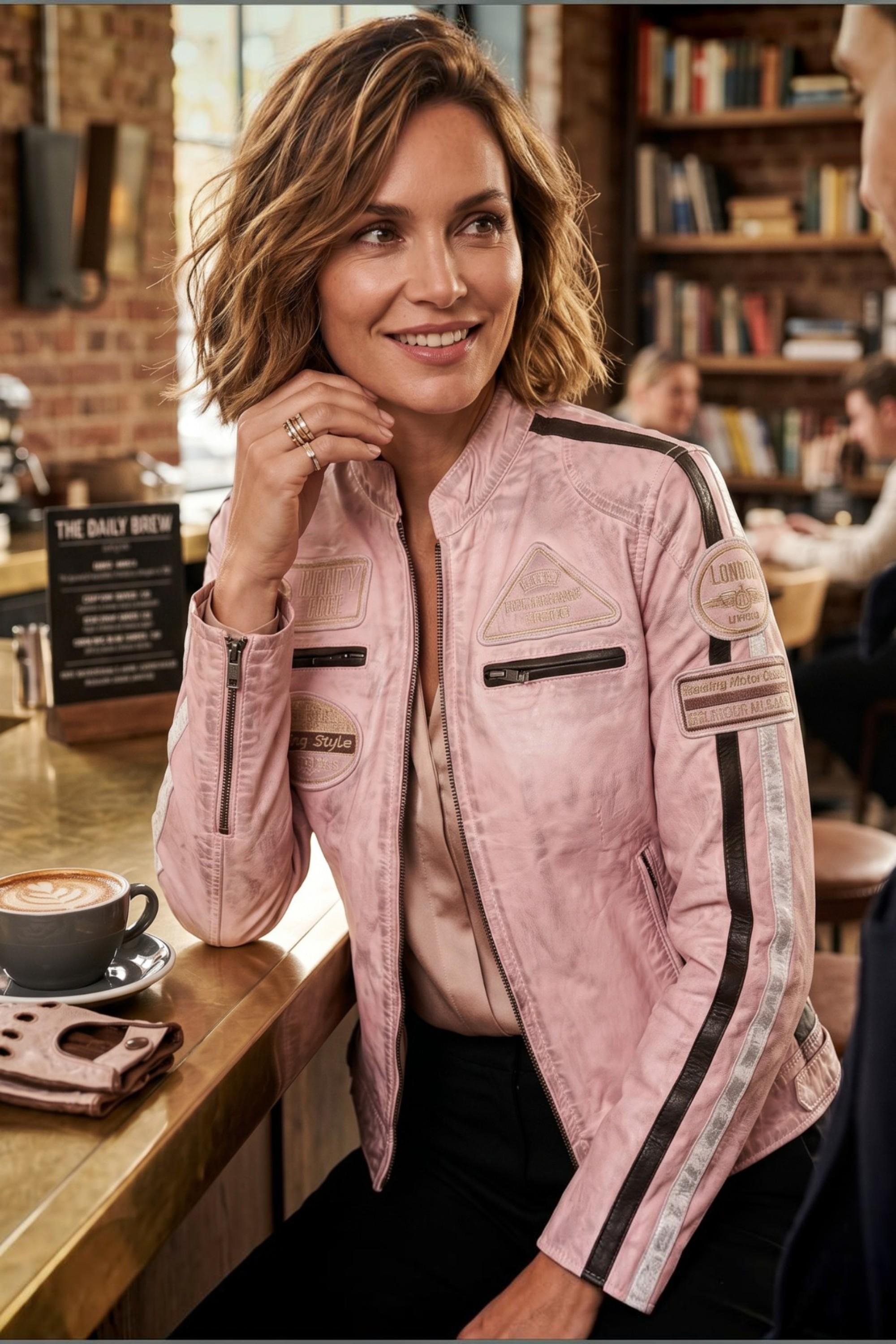 Damen-Biker-Rennabzeichen Pink Lederjacke – Ahorn