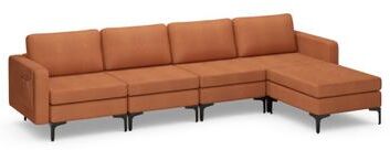 Costway Modular L-shaped Sectional Sofa with Reversible Ottoman and 2 USB Ports-Orange