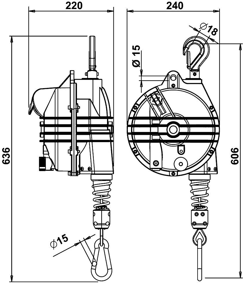 kaiserkraft Balancer, Seillänge 2000 mm, manuelle Trommelblockierung, Tragfähigkeit 65 - 75 kg