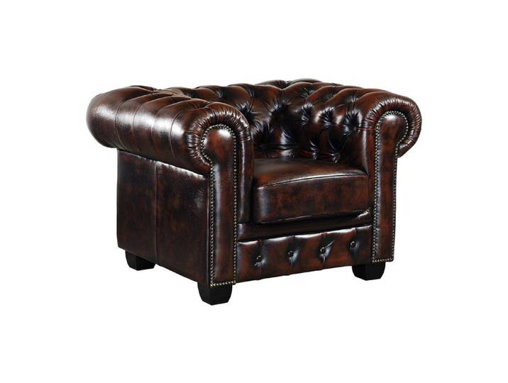 Fauteuil chesterfield BRENTON - VENTE-UNIQUE - 100% cuir de buffle - Chocolat reflets châtains