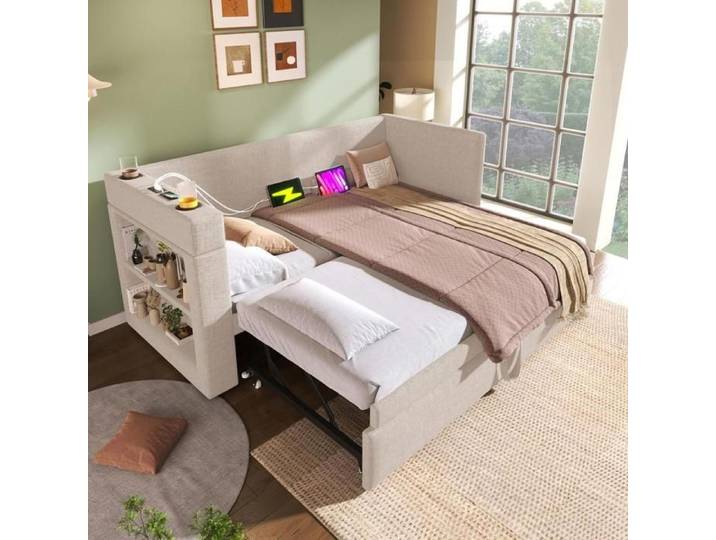Lit Daybed - KOMHTOM - Daybed 90x190 cm - Lit gigogne - Tiroir & rangements - USB Type-C