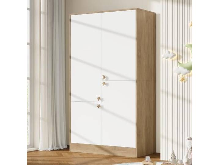 4-Türiger Kinderkleiderschrank, Massivholz Griffe, 100x50x180 cm Kleiderschrank Kinderzimmer mit 3 Kleiderstangen, Stern-Mond Griffe, Weiß-Hellholz, Großzügiger Stauraum