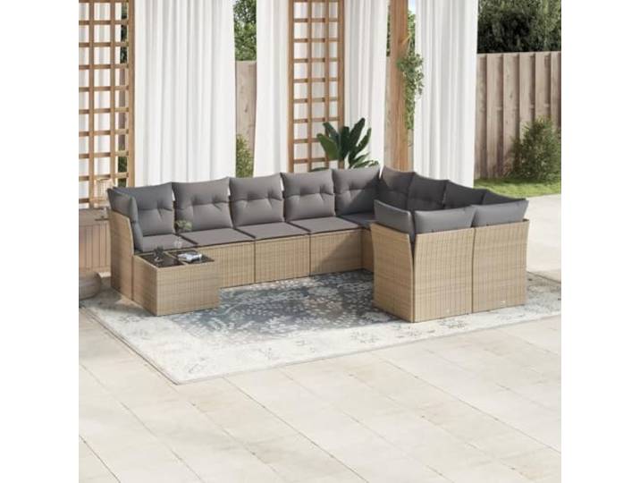 ZQQLVOO 10-TLG. Poly Rattan Sofagarnitur Beige Mit Kissen Modulares Design, Abnehmbare Waschbare Bezuege, Glastischplatte, Wetterbestaendig