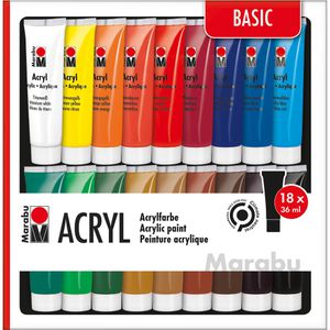Marabu Acrylfarben 1210000000201 Set Basic, 18 Farben je 36ml, in Tuben