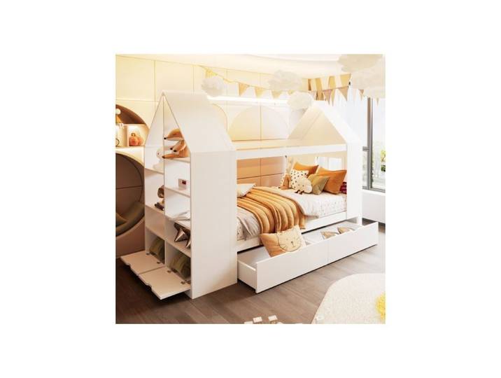 Lit Enfant - WESTYLE - Lit Cabane Enfant - 90x200 cm - Bois massif & MDF - LED intégré 2 tiroirs
