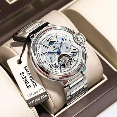 PRiME Luxury Man Watch With Hollow Tourbillon, Automatic Mechanical Watch For Men, Waterproof Stainless Steel Design 1413 Silver White S