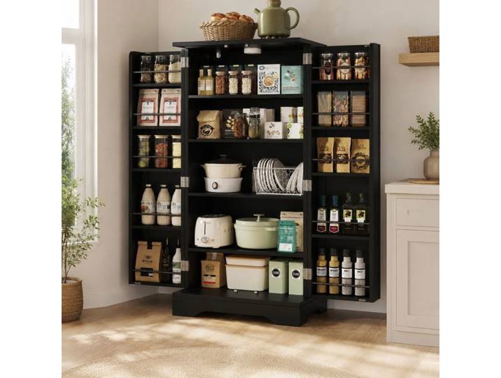 ELVORIN Armoire de rangement haute 120 x 60 x 40 cm MDF portes a motif ondule eclairage LED noire