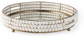 Mercana Decatur I White Wooden Beads w/ Mirrored Base Round Tray
