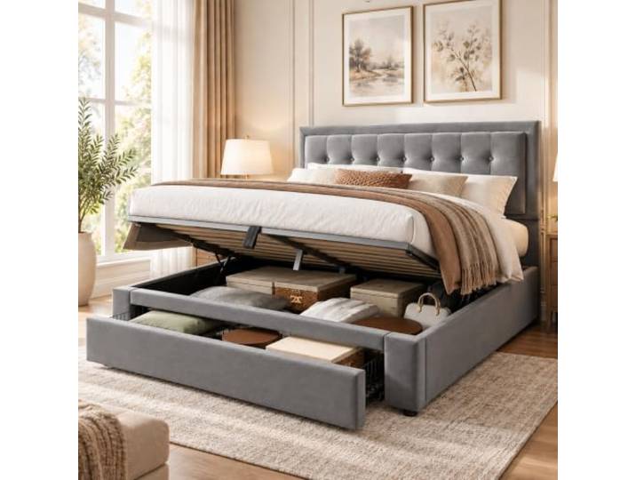 Polsterbett 160x200 mit Stauraum & Lattenrost, Samt Grau Hydraulischer Bettkasten, ausziehbare Schublade und weicher Samtstoff für mehr Ordnung im Schlafzimmer