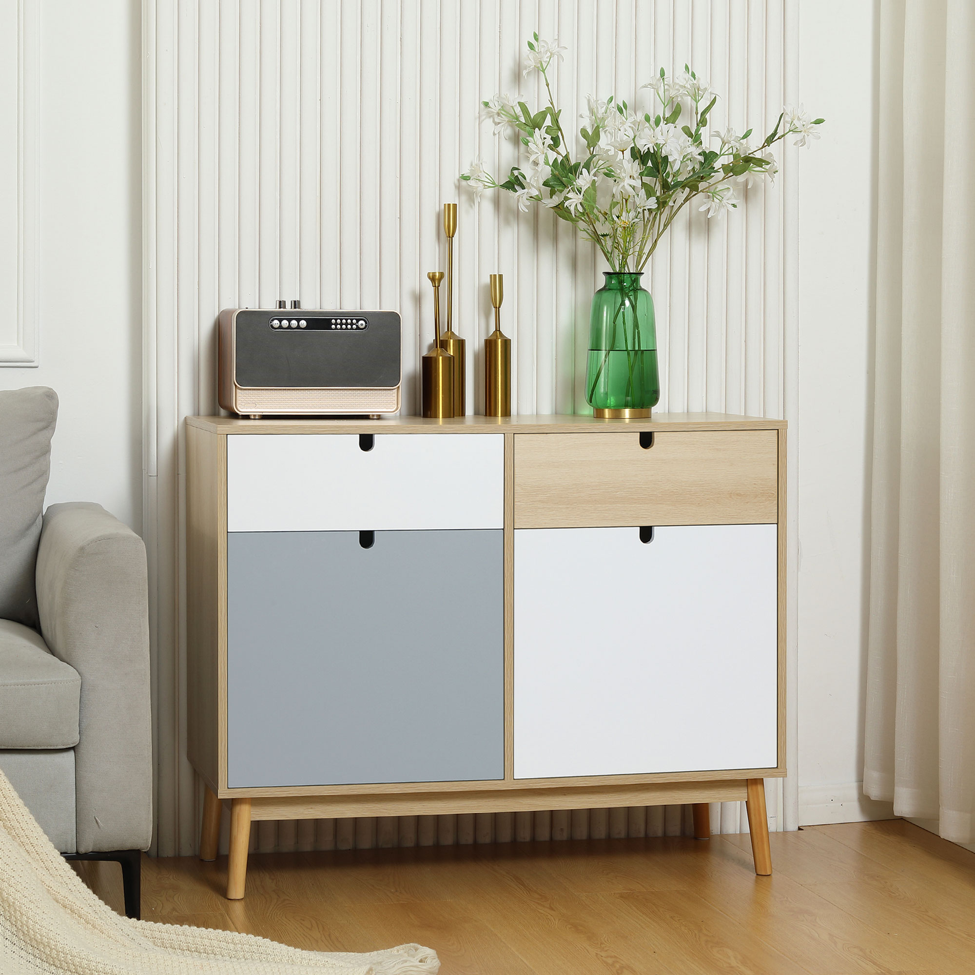 Homcom Mobile Multiuso Stile Nordico, Armadietto Due Ante con Cassetti per Cucina e Ingresso, 100x40x79.5cm, Multicolore