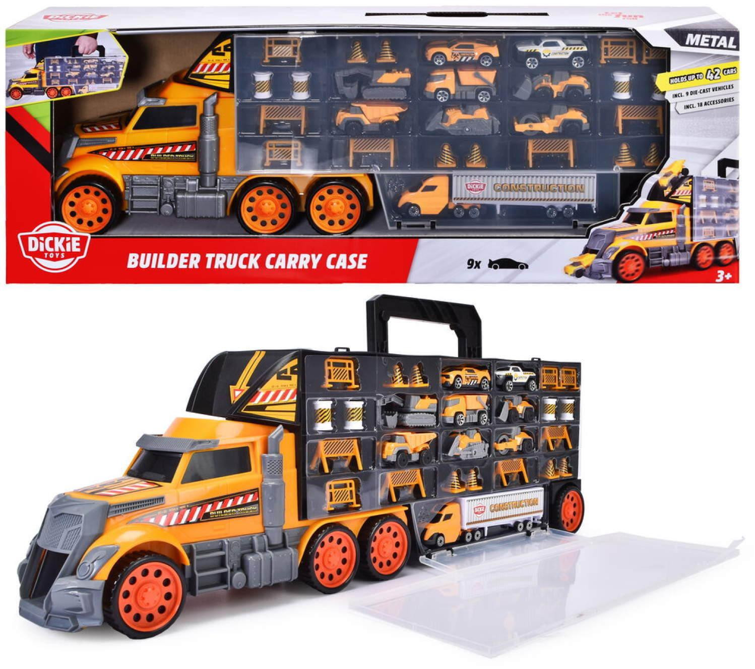 Dickie Toys Builder Truck Carry Case bouwplaats vrachtwagen met 9 bouwvoertuigen en 18 accessoires, 62 cm