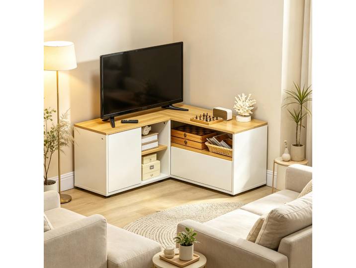 Meuble Tv En L Avec Compartiments Ouverts\, Meuble Tv Moderne\, Meuble D'Angle Gain De Place\, Meuble D'Angle Compact
