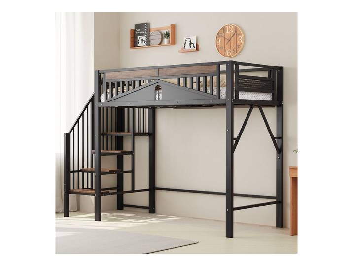 Flieks Hochbett Metallbett Kinderbett 90x200cm mit Treppe und Sicherheitszaun