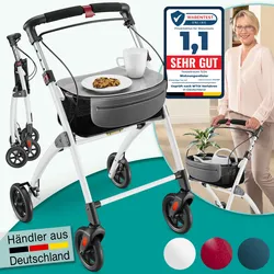 ELONEO Wohnungsrollator 54cm breit, faltbar und leicht, inkl. Tablett & Stoffkorb »Premium«, weiß