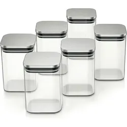Arendo Vorratsgläser 6er Set 1,65 L, Borosilikatglas eckig mit Edelstahldeckel, luftdicht, Vorratsbehälter, Transparent