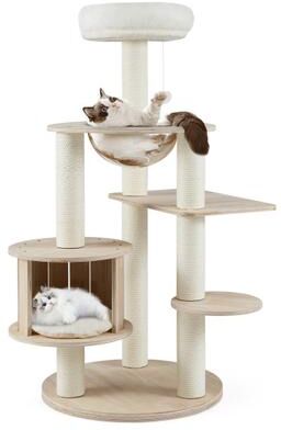 Costway 52 Inches Tall Wooden Cat Tree with Washable Plush Cushions and Multi-Level Climbing Stand
