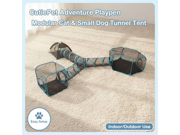 Parc pour animaux portable 4-en-1 en maille avec tunnel, maisonnette intérieure/extérieure, cage multi-animaux, installation facile pour chats et petits animaux