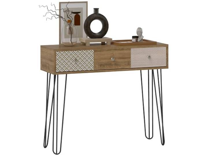 HOMCOM Nordischer Stil Flurkonsolentisch 3 Schubladen braune Stahlbeine Konsolentisch, schmaler Flurtisch, Sofaendtisch, für Wohnzimmer, Flur, Gang.